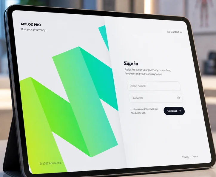 Apilox PRO sign-in on a tablet